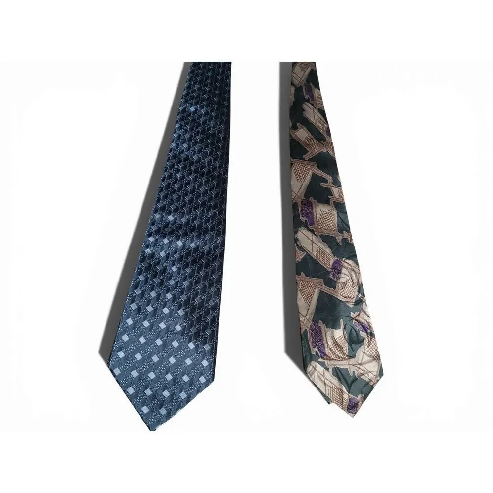 Calvin Klein 100% Silk Tie Lot 2pc Blue Geometric & Abstract Print 56”